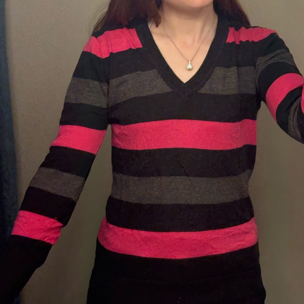 Striped V-Neck Sweater in Black, Gray & Pink